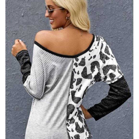 Grey Spot Print Color Block Blouse - Picture 2 of 3